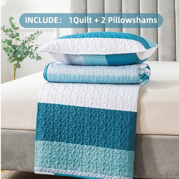 Teal and White Striped Quilt Set - Picture 4 of 5